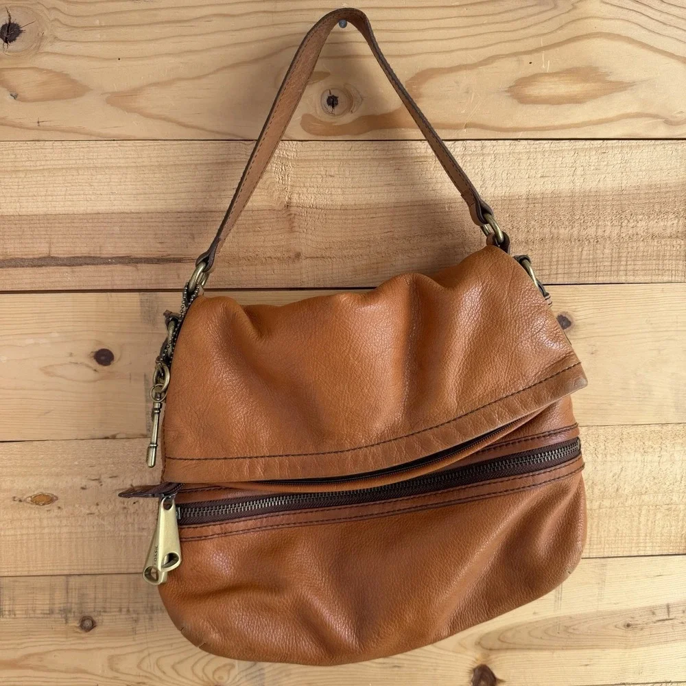 Fossil Explorer Large Brown Leather‎ Fold Over Messenger Satchel Bag Vintage